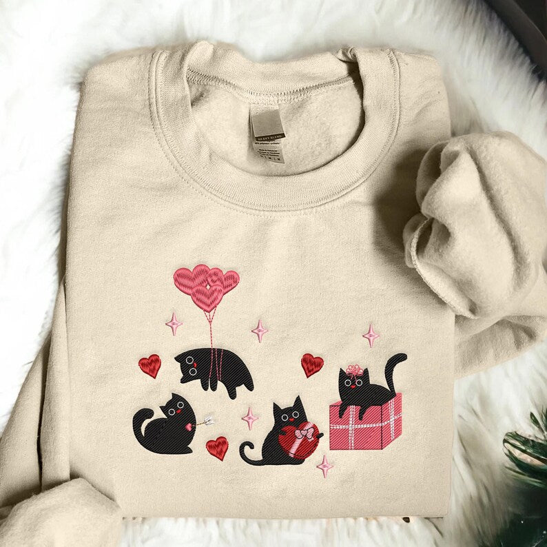 Valentine Black cat embroidered sweatshirt
