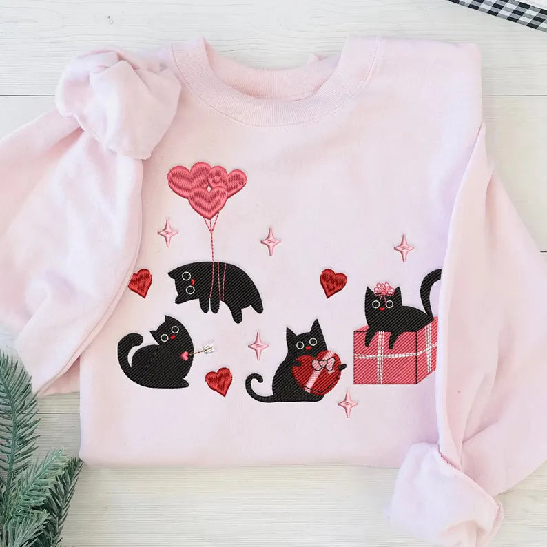 Valentine Black cat embroidered sweatshirt