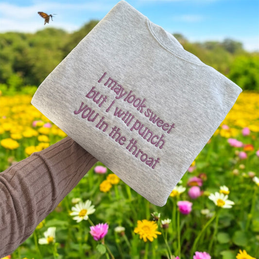 I may look sweet but I will punch you in the throat embroidered sweatshirt