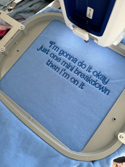 I’m gonna do it okay just one mini breakdown embroidered sweatshirt