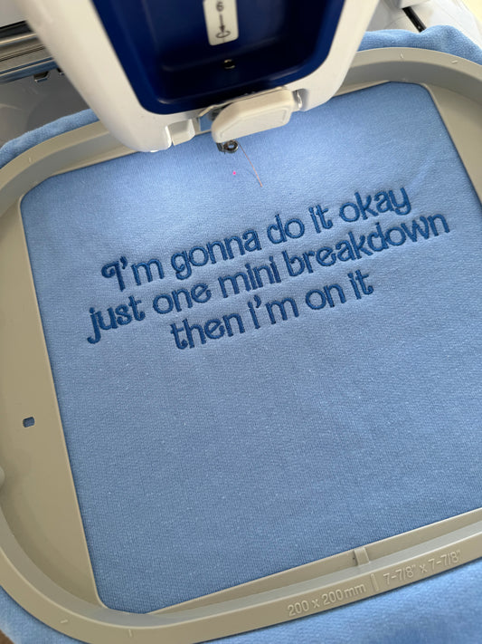 I’m gonna do it okay just one mini breakdown embroidered sweatshirt